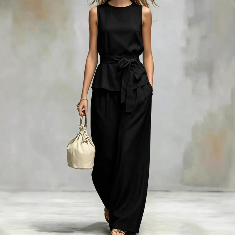 Ensemble pantalon sans manches à jambes larges avec ceinture