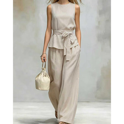 Ensemble pantalon sans manches à jambes larges avec ceinture