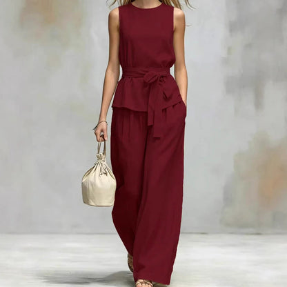 Ensemble pantalon sans manches à jambes larges avec ceinture