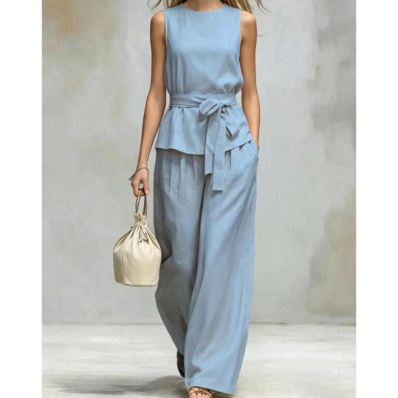 Ensemble pantalon sans manches à jambes larges avec ceinture