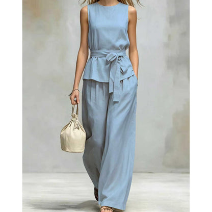 Ensemble pantalon sans manches à jambes larges avec ceinture
