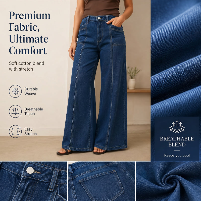 👖Jean femme taille haute à jambes larges – Coupe vintage flatteuse en denim ✨