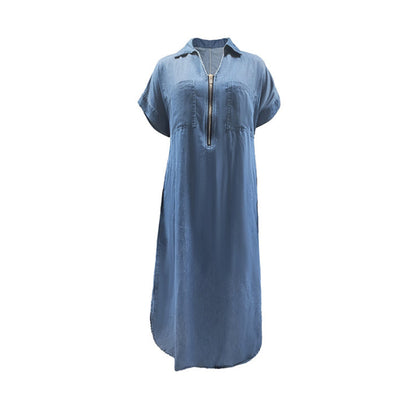 Robe longue en jean zippée à col en V pour femme