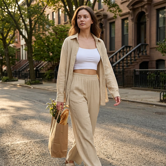 ☀️ Ensemble femme composé d'un haut décontracté et d'un pantalon à jambes larges – Tissu léger et coupe ample – Un confort sans pareil, idéal pour les journées d'été ou pour se détendre 🌸✨