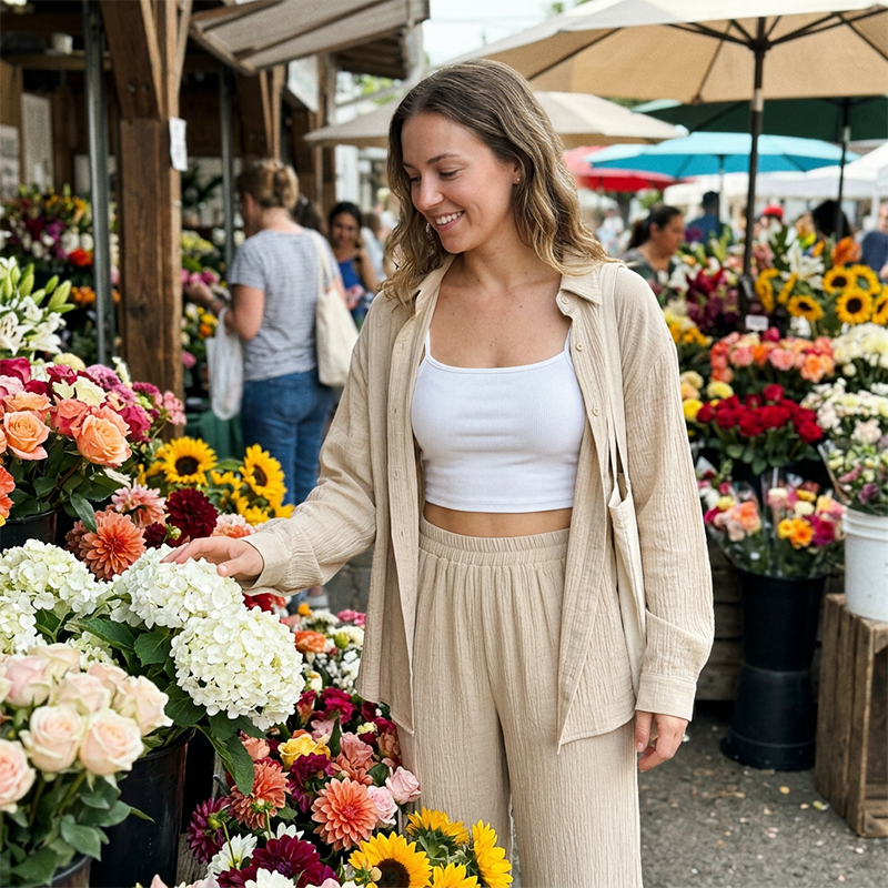 ☀️ Ensemble femme composé d'un haut décontracté et d'un pantalon à jambes larges – Tissu léger et coupe ample – Un confort sans pareil, idéal pour les journées d'été ou pour se détendre 🌸✨