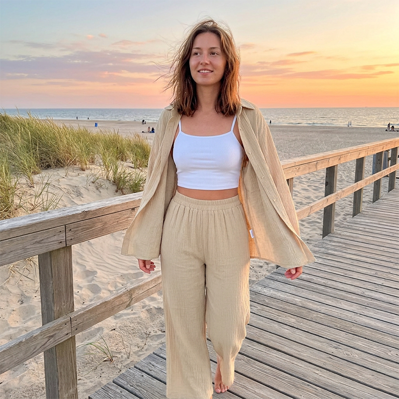 ☀️ Ensemble femme composé d'un haut décontracté et d'un pantalon à jambes larges – Tissu léger et coupe ample – Un confort sans pareil, idéal pour les journées d'été ou pour se détendre 🌸✨