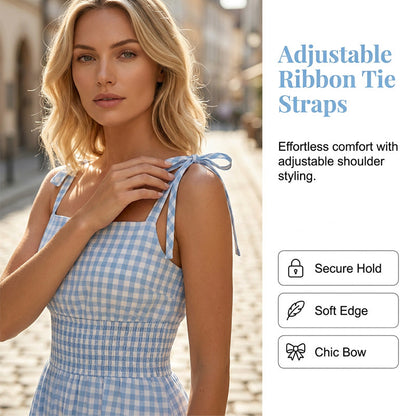 ☀️🔥Robe longue rétro à carreaux vichy pour femme, avec haut froncé et bretelles