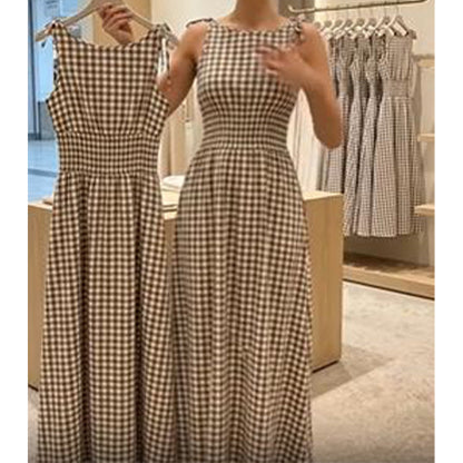 ☀️🔥Robe longue rétro à carreaux vichy pour femme, avec haut froncé et bretelles
