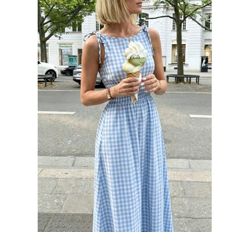 ☀️🔥Robe longue rétro à carreaux vichy pour femme, avec haut froncé et bretelles