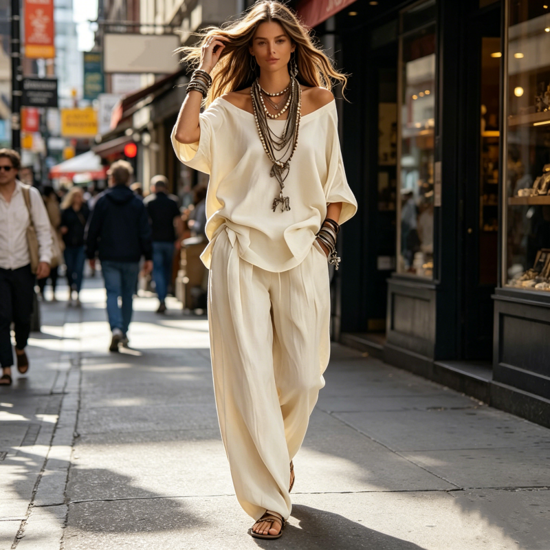 Ensemble 2 pièces pour femme : haut à épaules dénudées et pantalon à jambes larges