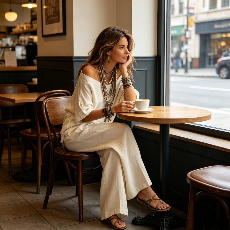 Ensemble 2 pièces pour femme : haut à épaules dénudées et pantalon à jambes larges