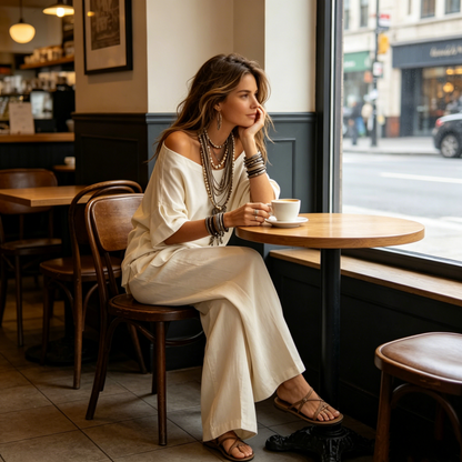 Ensemble 2 pièces pour femme : haut à épaules dénudées et pantalon à jambes larges
