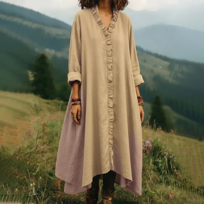 Robe longue ample à col en V et volants