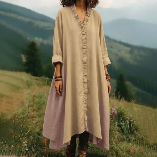Robe longue ample à col en V et volants