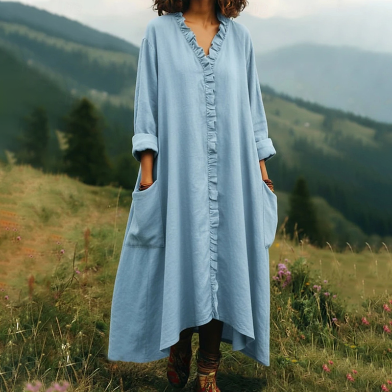 Robe longue ample à col en V et volants