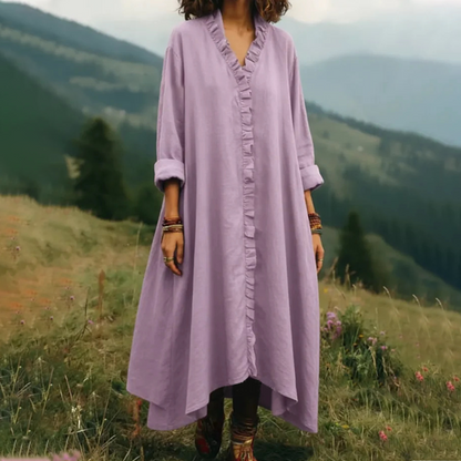 Robe longue ample à col en V et volants