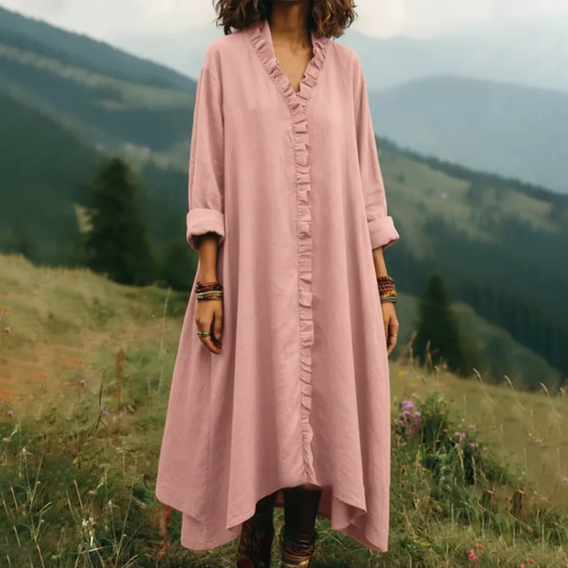 Robe longue ample à col en V et volants