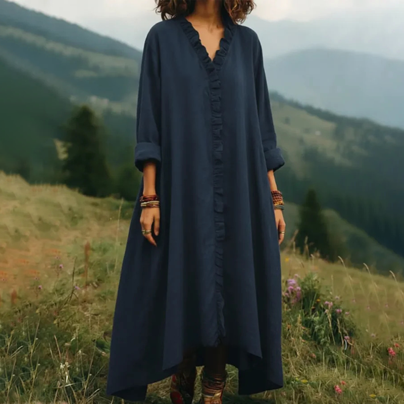 Robe longue ample à col en V et volants