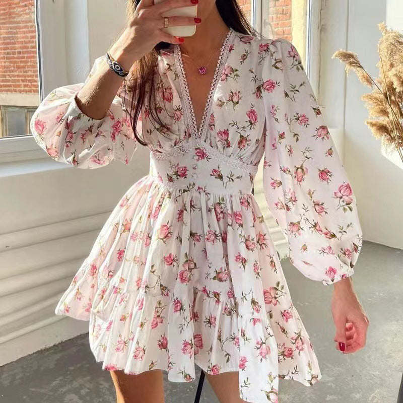 🎉Offre à durée limitée ! 🎉Robe d'été romantique pour femme🌸 | Imprimé floral et manches lanterne | Mise en valeur de la silhouette et confortable🎀💃