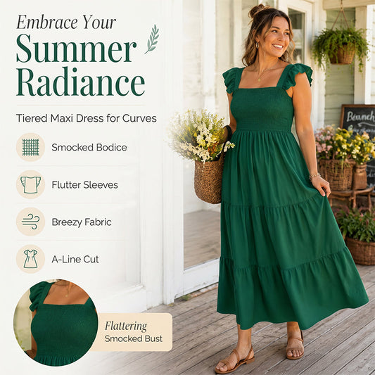 Robe smockée à col carré et manches à volants pour femme