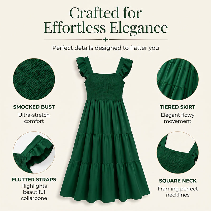 Robe smockée à col carré et manches à volants pour femme
