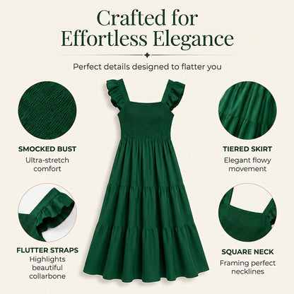 Robe smockée à col carré et manches à volants pour femme