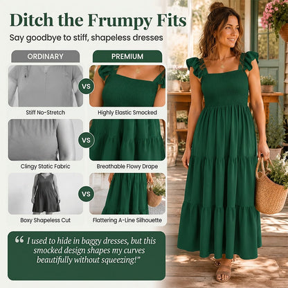 Robe smockée à col carré et manches à volants pour femme
