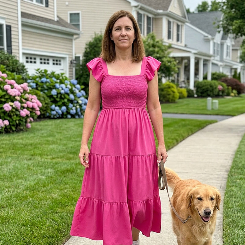 Robe smockée à col carré et manches à volants pour femme