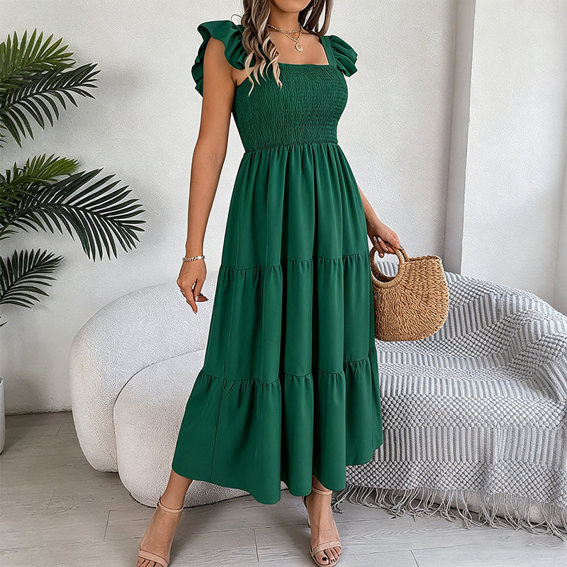 Robe smockée à col carré et manches à volants pour femme