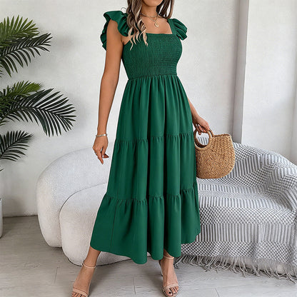 Robe smockée à col carré et manches à volants pour femme