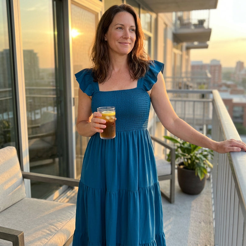 Robe smockée à col carré et manches à volants pour femme