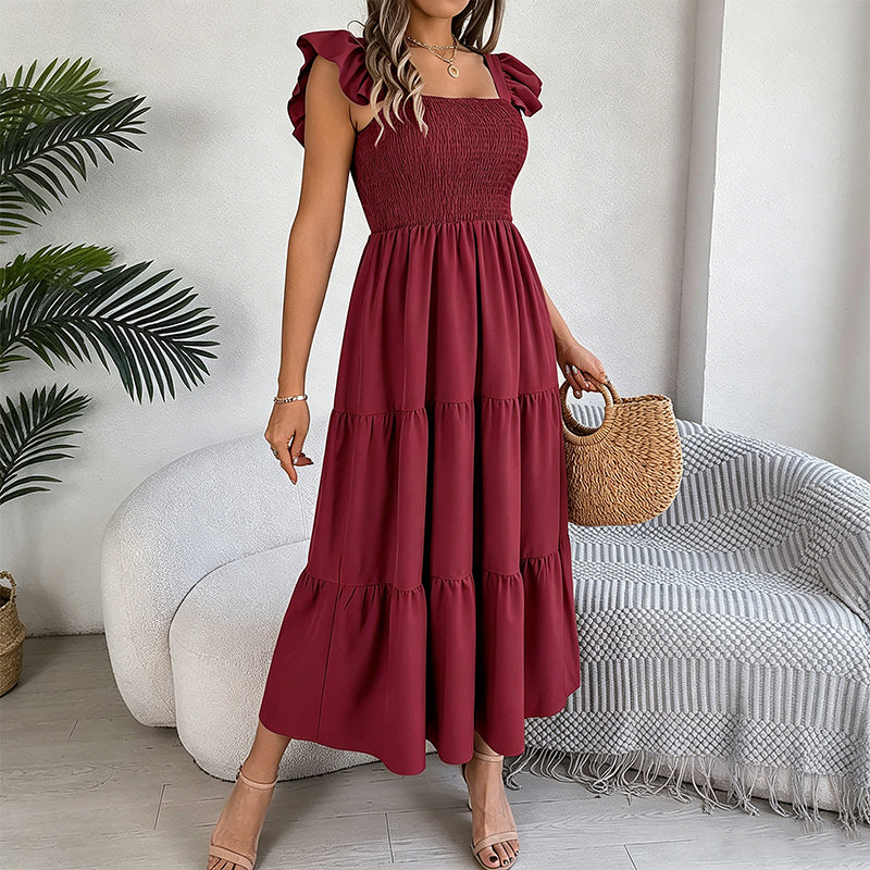 Robe smockée à col carré et manches à volants pour femme