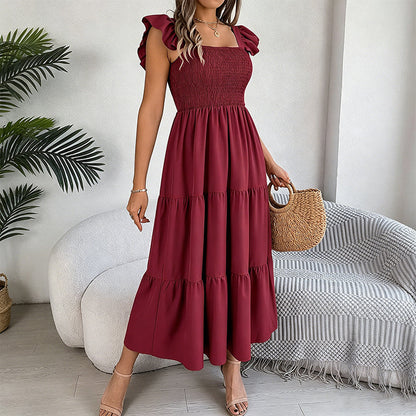 Robe smockée à col carré et manches à volants pour femme