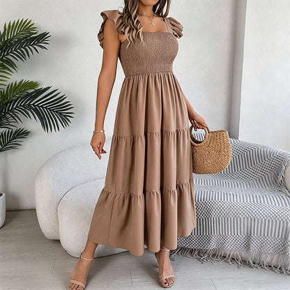 Robe smockée à col carré et manches à volants pour femme