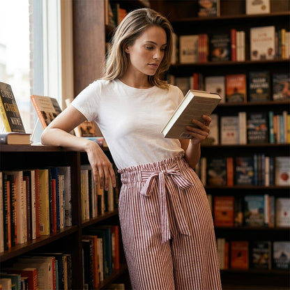 Pantalon à jambes larges et taille haute à rayures pour femme