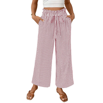 Pantalon à jambes larges et taille haute à rayures pour femme