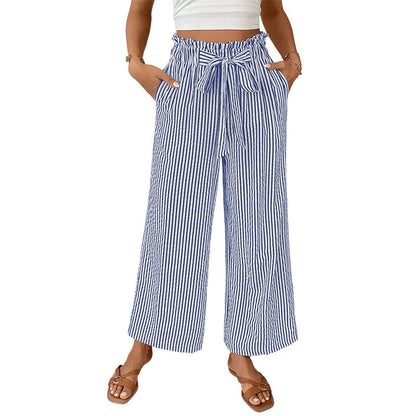 Pantalon à jambes larges et taille haute à rayures pour femme