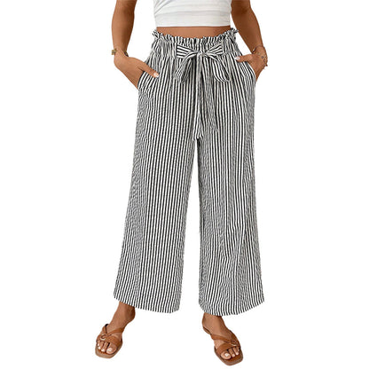 Pantalon à jambes larges et taille haute à rayures pour femme
