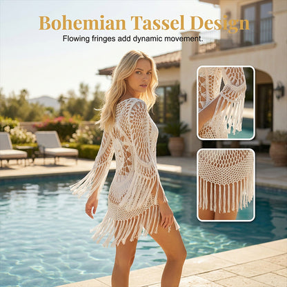 🔥 Dernier jour ! 50 % de réduction sur le paréo de plage bohème pour femme, en crochet, avec des pompons 🌴 Paréo de plage romantique pour les vacances et la piscine