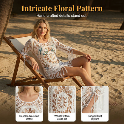 🔥 Dernier jour ! 50 % de réduction sur le paréo de plage bohème pour femme, en crochet, avec des pompons 🌴 Paréo de plage romantique pour les vacances et la piscine