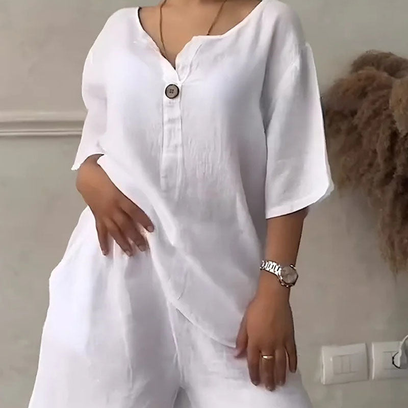 Ensemble deux pièces d'été pour femme, en coton et lin, uni et simple