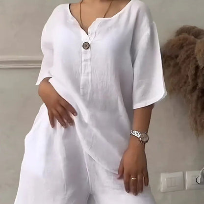 Ensemble deux pièces d'été pour femme, en coton et lin, uni et simple