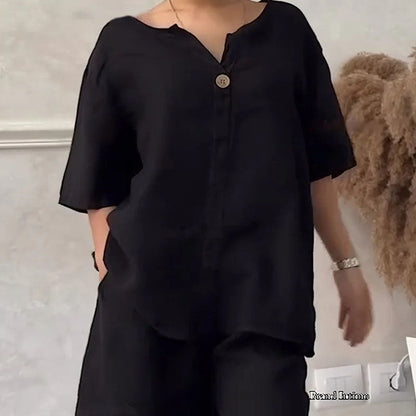 Ensemble deux pièces d'été pour femme, en coton et lin, uni et simple