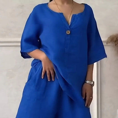 Ensemble deux pièces d'été pour femme, en coton et lin, uni et simple
