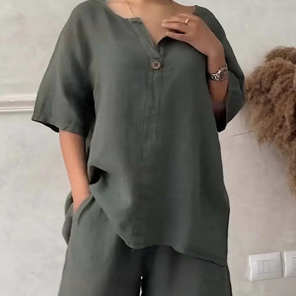 Ensemble deux pièces d'été pour femme, en coton et lin, uni et simple