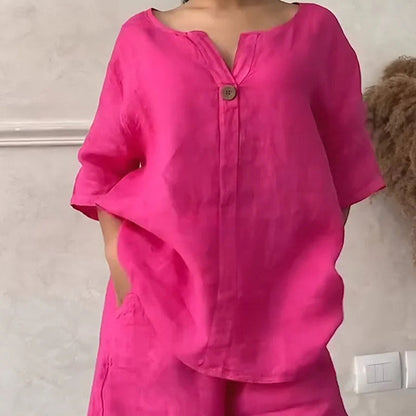 Ensemble deux pièces d'été pour femme, en coton et lin, uni et simple
