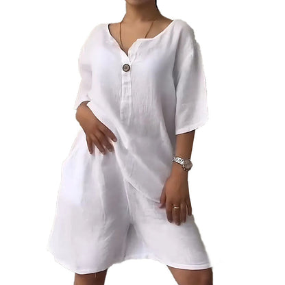 Ensemble deux pièces d'été pour femme, en coton et lin, uni et simple