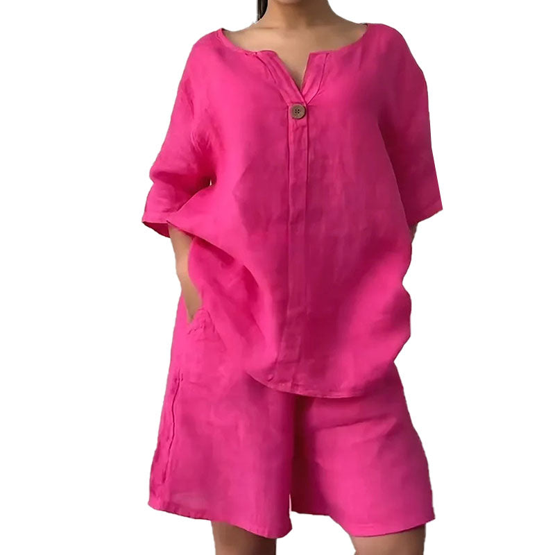 Ensemble deux pièces d'été pour femme, en coton et lin, uni et simple