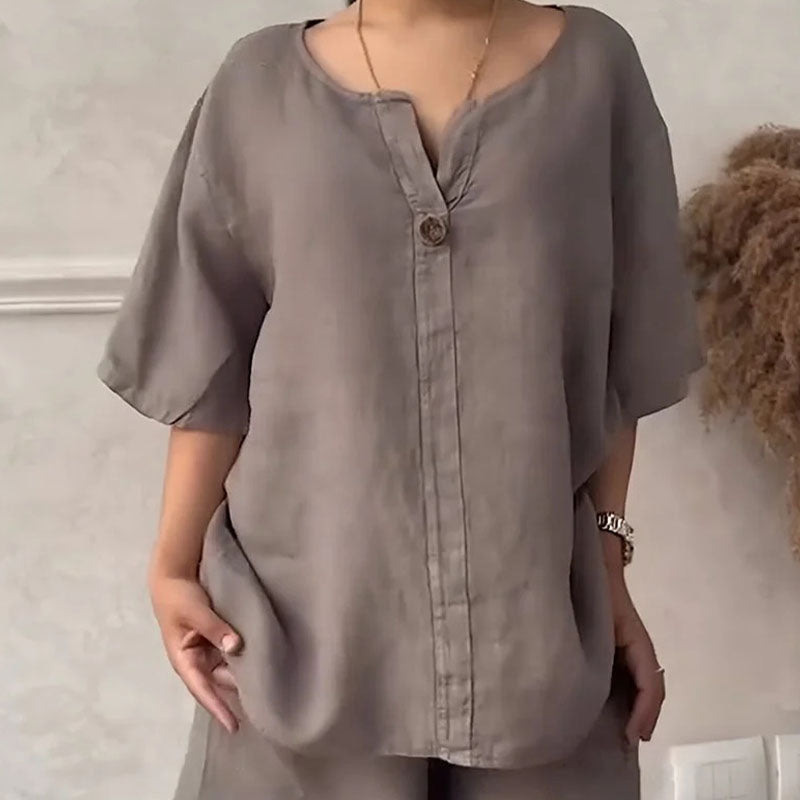 Ensemble deux pièces d'été pour femme, en coton et lin, uni et simple