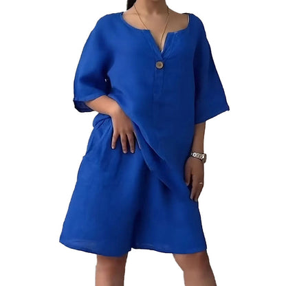 Ensemble deux pièces d'été pour femme, en coton et lin, uni et simple